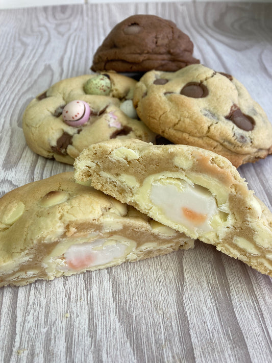 White Chocolate Creme Egg Stuffed Cookie (V)